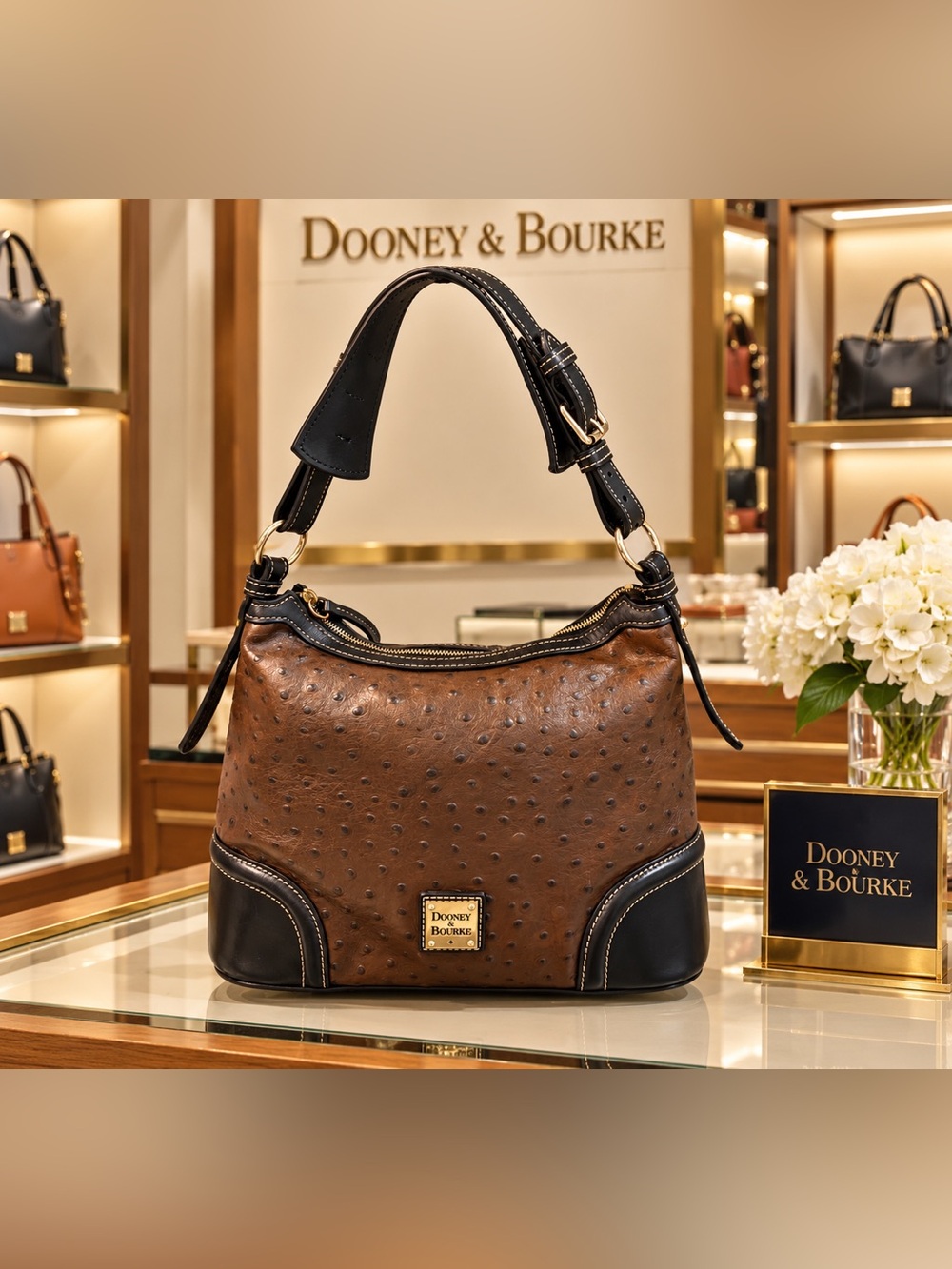 Dooney & Bourke Brown Ostrich-Embossed Leather Shoulder Bag